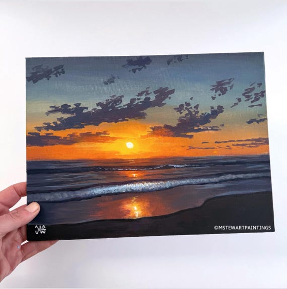 Sunset Beach Acrylic Painting: Original Seascape Wall Art, 9x12