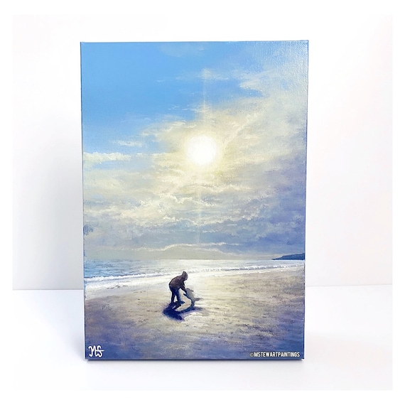 Beach Ocean Landscape Original Painting on Canvas, A4 Size