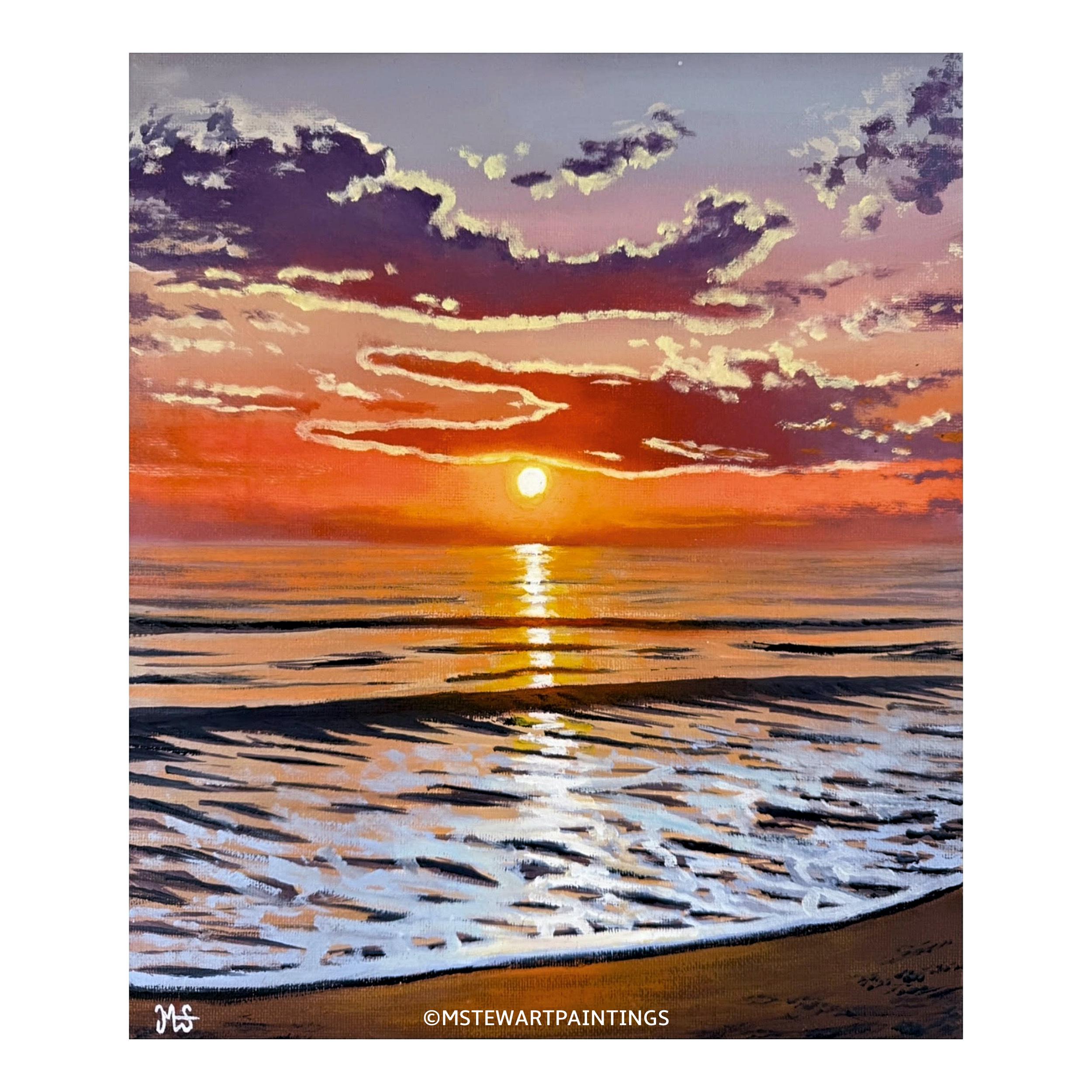 Original Sunset Beach Oil Painting: Seascape Wall Art (12x10