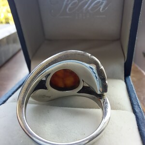 May include: A silver ring with a large amber stone set in the center. The ring is in a blue box with the word "Feder" printed on the inside.