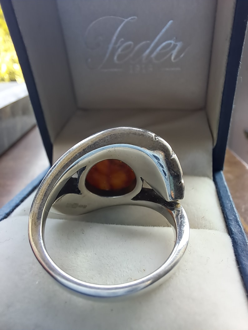 May include: A silver ring with a large amber stone set in the center. The ring is in a blue box with the word "Feder" printed on the inside.