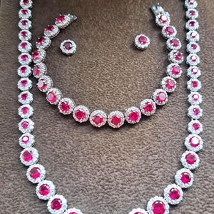 Vintage Hallmarked Sterling Silver Ruby Cluster Jewellery Suite