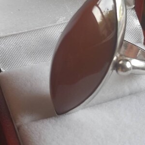 May include: A silver ring with a large, oval-shaped, reddish-brown gemstone.