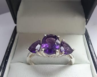 Bague Ancienne Trilogie Argent Massif 925 - 3 Améthystes Violettes Véritables - Taille 54 - Style Art Déco