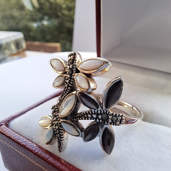 Vintage Navajo 925 Sterling Silver Rhinestone Beaded Dragonfly Ring