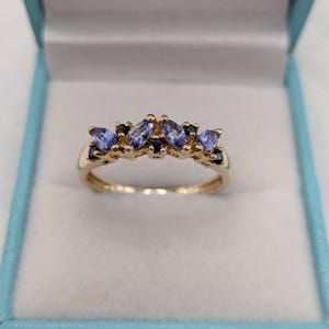 Könnte beinhalten: Ein Goldring mit einer Reihe von hellvioletten Steinen im Marquise-Schliff, die mit kleineren, runden dunkelblauen Steinen durchsetzt sind. Die Steine sind in ein Gelbgoldband gefasst und bilden ein Arrangement aus mehreren Steinen.