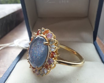 Sterling Silver Vermeil Boulder Opal and Sapphire Ring