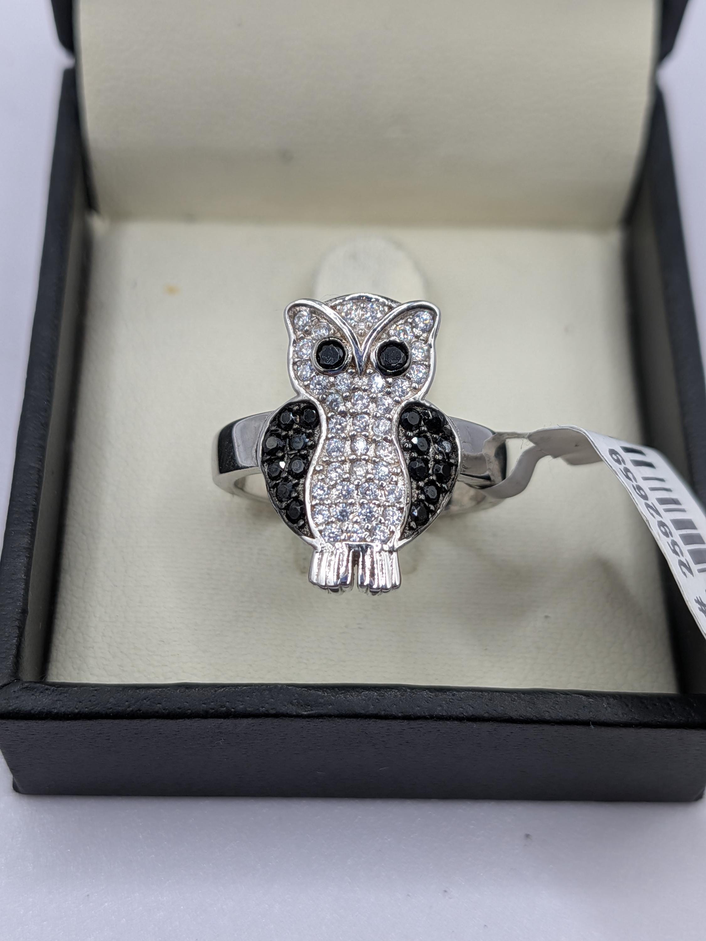 Sterling Silver Black Spinel and Cubic Zirconia Owl Ring