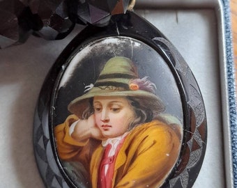 Antique Whitby Jet Portrait Pendant on beaded necklace