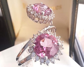 Pink Topaz Sterling Silver Double Cluster Ring: Size 8 USA