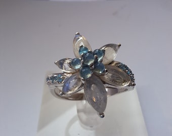 Vintage Sterling Silver Moonstone and Topaz Flower Ring