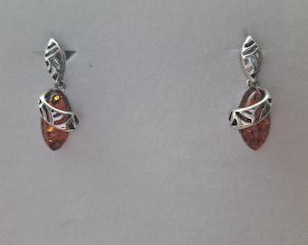 Sterling Silver Baltic Amber Drop Earrings