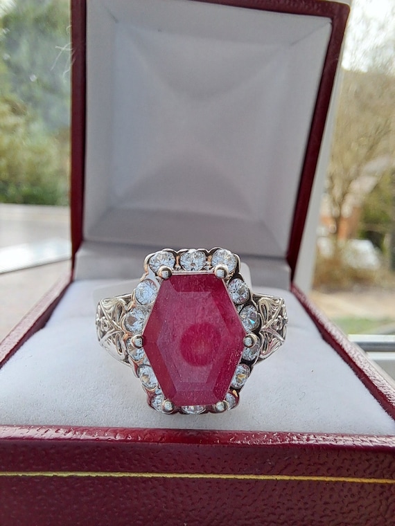Sterling Silver Ruby Ring with White Zircons - Size 6