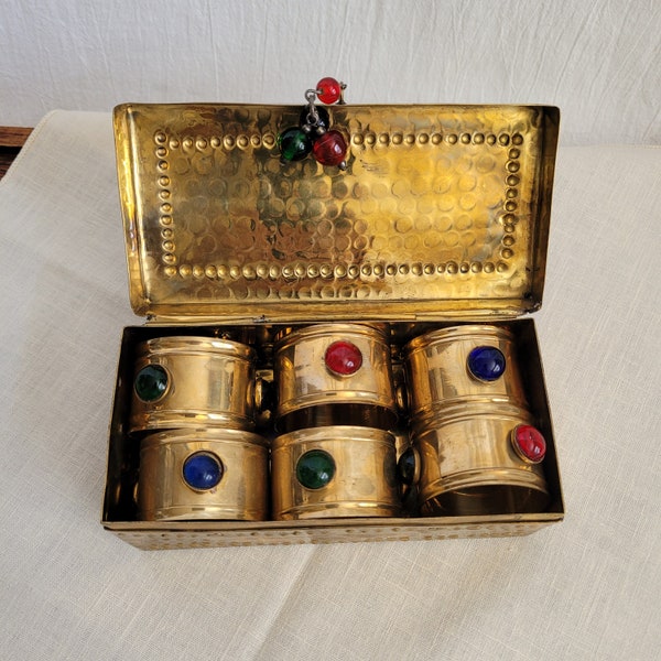 Brass & Cabochon Jeweled Napkins Rings In Matching Brass Keepsake Box