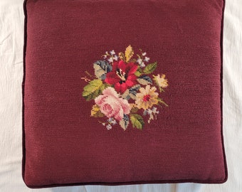 Needlepoint Seat Cushion Pillow Floral Burgundy Velvet