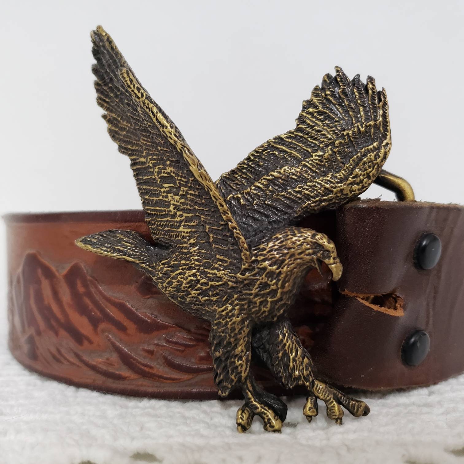 1970's American Artist Leoma Lovegrove Brass Eagle and Tooled Leather Belt  46 Mccall 