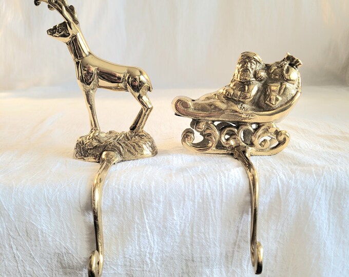 Santa Sled and Reindeer Solid Brass Christmas Stocking Hangers Set of