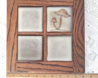 Mushroom Fungi Ceramic Pottery and Oak Wood Kitchen Trivet Fairycore Cottagecore Retro
