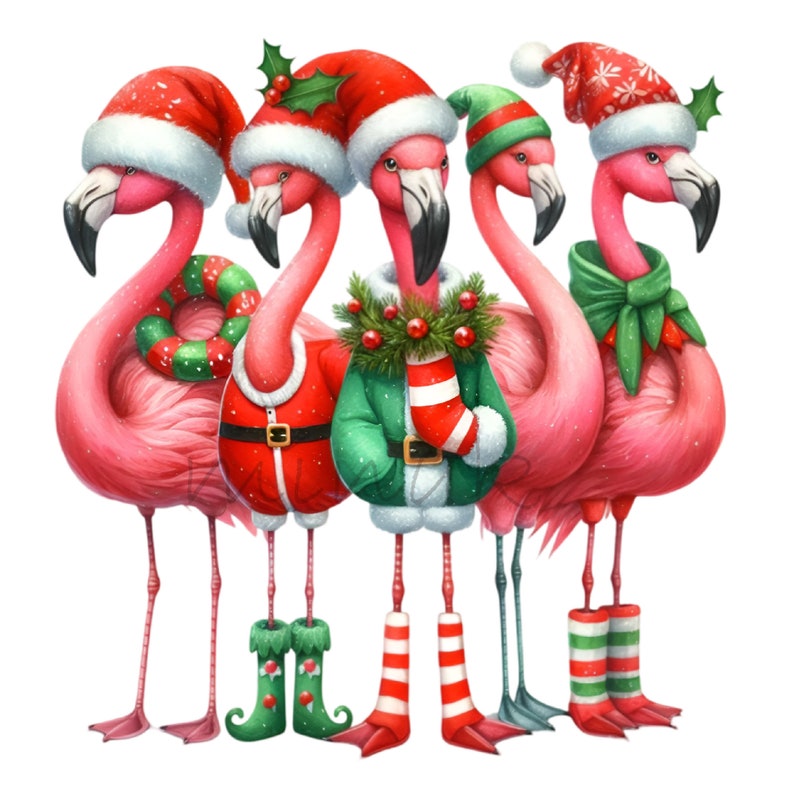 May include: A whimsical illustration of five pink flamingos dressed for Christmas. Each flamingo wears a Santa hat, and some are adorned with festive attire like coats, boots, and a wreath. The image has a cheerful, holiday theme.