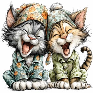 Könnte beinhalten: Zwei Cartoon-Katzen in Schlafanzügen und Nachtmützen lachen mit offenem Mund. Eine Katze ist grau und weiß, die andere braun und hellbraun. Die Schlafanzüge und Mützen haben Blumen- und Tupfenmuster.