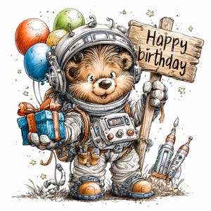10 PNG clipart de festa Galaxy – Animal explorador espacial PNG – Gráfico divertido de astronauta de aniversário para decoração infantil, cartões e imprimíveis de festa