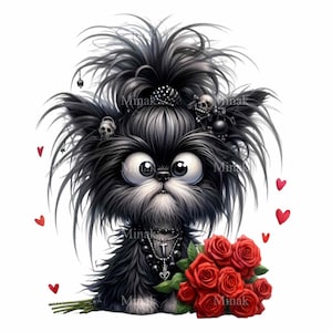 12 PNG Goth Dog with Roses Clipart – Funny Black Puppy PNG – Cute Gothic Pet Art for Cards, Sublimation, Tumbler, Shirt Design