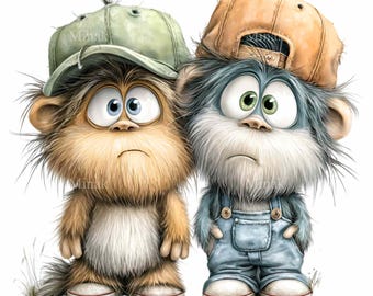 16 Monster Friends Png, Gorra de béisbol, overoles, sublimación, imágenes prediseñadas divertidas