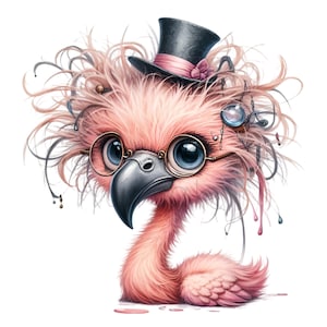 K&ouml;nnte beinhalten: Eine skurrile Illustration eines rosa Flamingos mit gro&szlig;en blauen Augen, einer runden Brille und einem Miniatur-Zylinder mit rosa Schleife. Der Flamingo hat flauschige Federn und einen silbernen Schnabel, mit dekorativen Elementen um den Kopf.