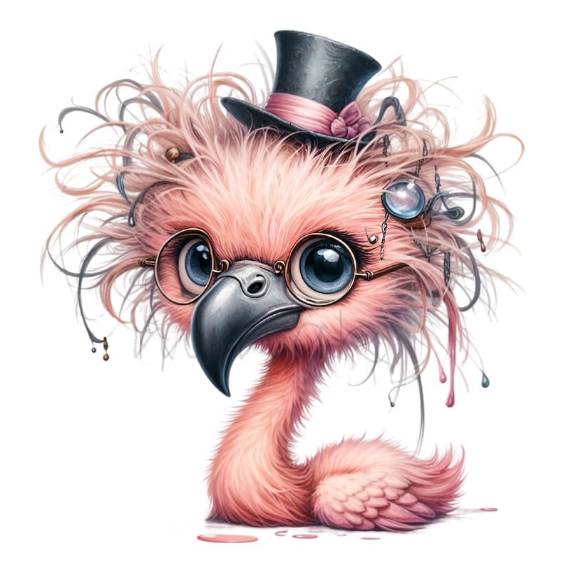 K&ouml;nnte beinhalten: Eine skurrile Illustration eines rosa Flamingos mit gro&szlig;en blauen Augen, einer runden Brille und einem Miniatur-Zylinder mit rosa Schleife. Der Flamingo hat flauschige Federn und einen silbernen Schnabel, mit dekorativen Elementen um den Kopf.