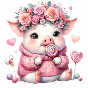 14 Cerditos de San Valentín PNG / Lindo cerdito con suéter rosa, piruleta y corona de flores / Arte animal con amor dulce