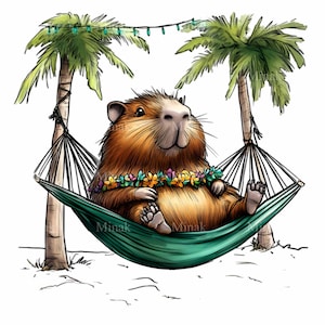 20 Relaxing Capybara PNG Clipart - Capybara in Hammock Between Palm Trees - Tropical Digital Art on White Background