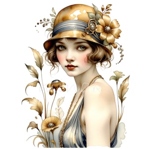 16 clipart PNG di ragazze flapper vintage, illustrazione di donna in stile Art Déco anni '20, elegante ritratto retrò, stampabile in stile retrò dorato