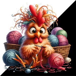 May include: A cartoon chicken with a colorful, messy hairstyle is knitting with yarn balls in a basket. The chicken is wearing a red comb and has a friendly expression.