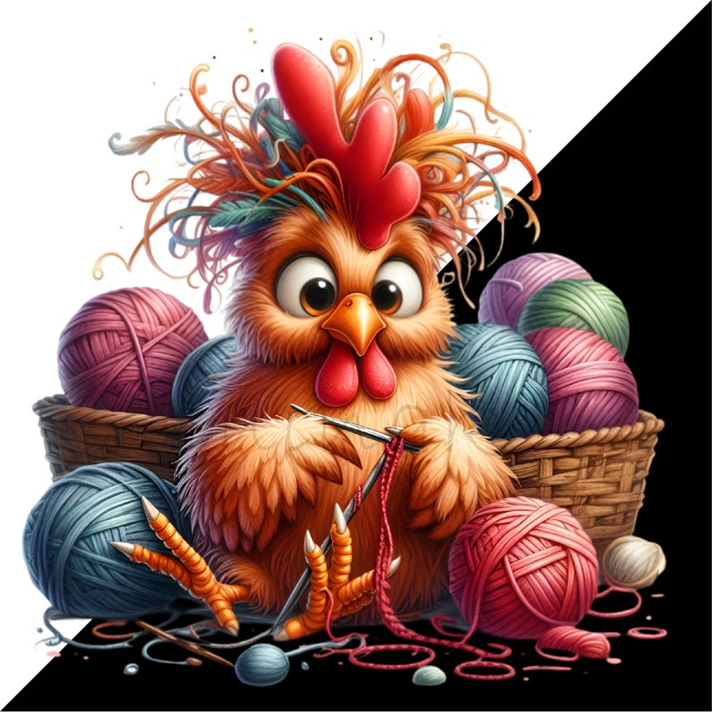 May include: A cartoon chicken with a colorful, messy hairstyle is knitting with yarn balls in a basket. The chicken is wearing a red comb and has a friendly expression.