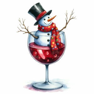 12 cliparts drôles de vin de vacances PNG - Bonhomme de neige dans un verre à vin PNG - Graphique de boisson de Noël pour la sublimation, les tasses et les travaux manuels de fête d'hiver