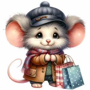 12 PNG mignon hiver souris PNG Clipart, souris habillée avec chapeau, écharpe et sacs à provisions, adorable conception de sublimation de personnage de vacances