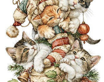12 PNG Christmas Kittens Winter Watercolor Holiday Cat Clipart