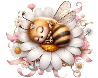 10 PNG Sovande bi clipart - humla prästkrage blommig insekt för hantverkare, barnrum, barn, sublimering