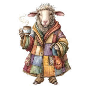 May include: A whimsical illustration of a sheep wearing a patchwork coat and holding a steaming mug. The sheep has a white face and curly wool, with a colorful coat in shades of red, purple, yellow, and green. The mug has a blue and white design.