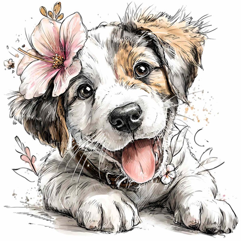 15 PNG Floral Dog Clipart - Cute Puppy With Flower Digital Download for ...