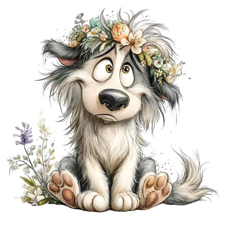 15 PNG Floral Dog Clipart – Funny Puppy PNG Illustration – Cute Fluffy ...