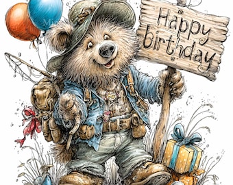 10 PNG Birthday Bear Clipart, Fishing Camping Invitation Graphic