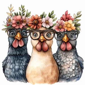 14 Hühner mit Blumenkronen PNG Clipart - Lustige Cartoon-Vögel mit Brille für kreative Projekte zum Thema Bauernhof