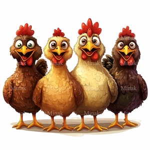 12 cliparts PNG heureux de poulets de bande dessinée - quatre poules colorées avec des expressions souriantes - art amusant d'animaux de ferme pour l'artisanat