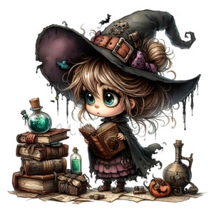 May include: A young witch with long brown hair wears a black pointed hat with a purple ribbon and holds an open book. She stands in front of a stack of old books, a potion bottle, and a pumpkin.