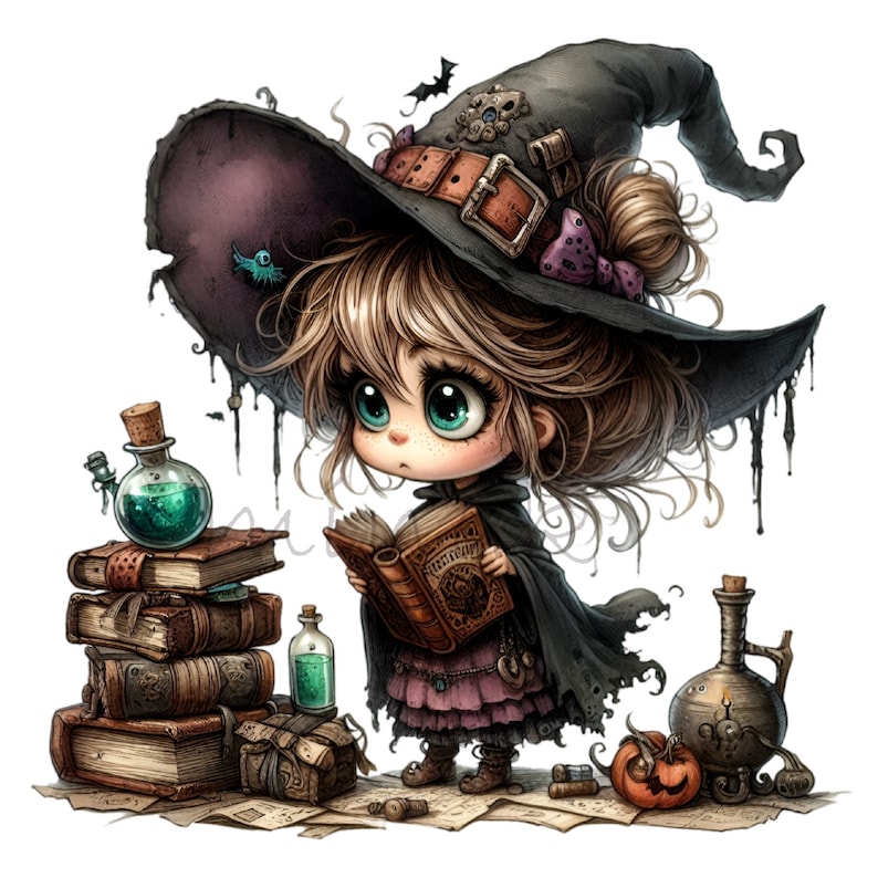May include: A young witch with long brown hair wears a black pointed hat with a purple ribbon and holds an open book. She stands in front of a stack of old books, a potion bottle, and a pumpkin.
