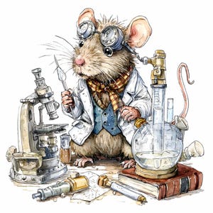 Peut inclure: Illustration à l'aquarelle d'une souris scientifique portant des lunettes, une blouse de laboratoire et une écharpe. La souris est entourée d'équipement scientifique, dont un microscope, des béchers et une fiole. L'œuvre a un aspect vintage et fantaisiste.