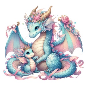 May include: A light blue mother dragon with pink and blue wings and a floral crown, holding a smaller light blue baby dragon with a crown.