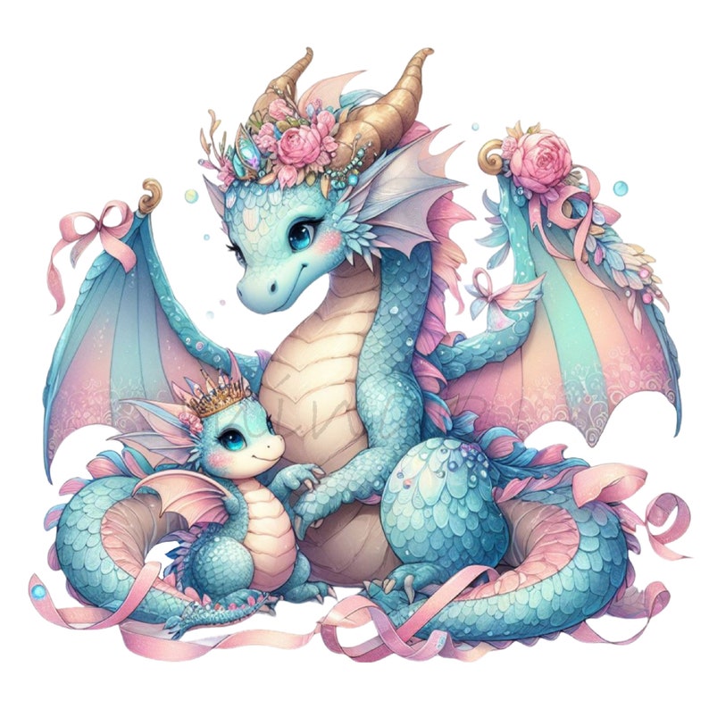 May include: A light blue mother dragon with pink and blue wings and a floral crown, holding a smaller light blue baby dragon with a crown.