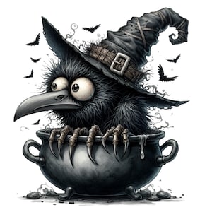 Crazy Crow mit Hexenhut und Kessel 12 PNG schrullig Vogel Lustige Cartoon Illustration Clipart, Halloween Kinder Sublimation Printable